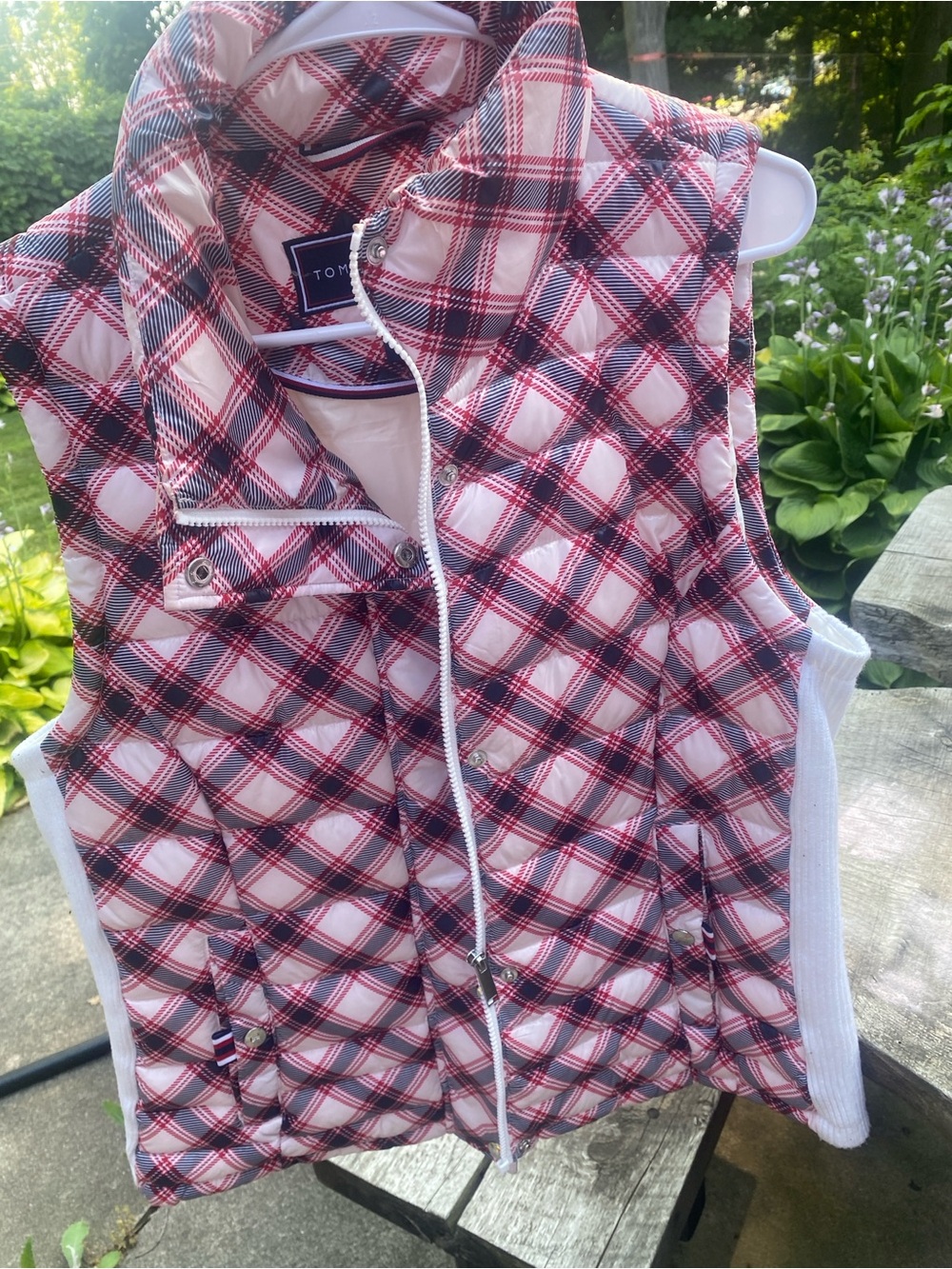 Tommy Hilfiger Plaid-Lined Quilted Vest in Navy Red White